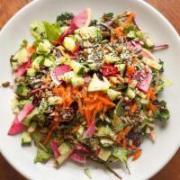 House Salad · Organic mixed greens, dino kale, cucumber, watermelon radish, shredded carrots, toasted seed...