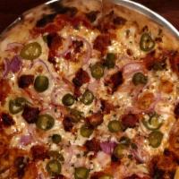 Juno · Our spiciest pizza, comes with Nduja sausage, pickled jalapenos, red onions, marinara and mo...