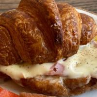 Smoked Ham Croissant Sandwich · smoked ham, Swiss cheese, honey mustard aioli, served on toasted levain croissant with side ...