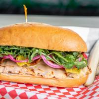 Technical Fowl · Grilled chicken, bacon, provolone, pickled onions, pepperoncini, arugula, basil aioli, Frenc...