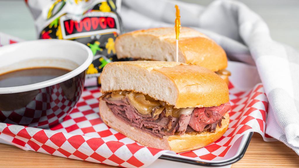 French Dip Sandwich · Roast beef, grilled onions, swiss cheese, horseradish on toasted French roll. Served with Au Jus on the side.