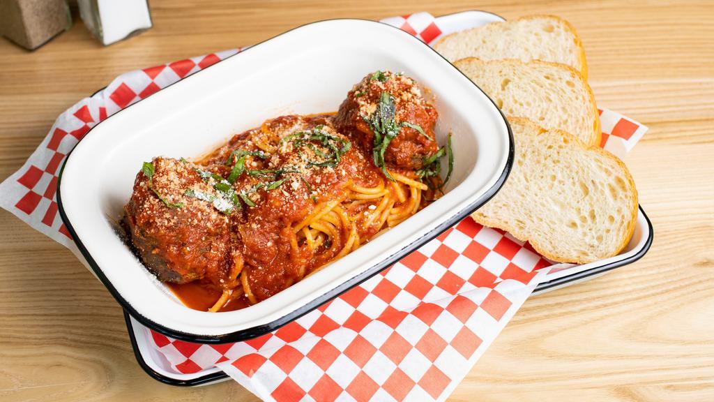 Spaghetti & Meatballs · Meatballs, mama’s marinara sauce, fresh parmesan, basil.