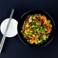 Chashu Rice · Pork belly chashu, peas, carrots, corn, onion on rice.