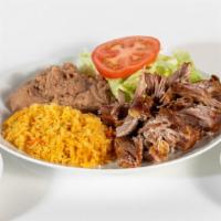 Plate With Your Choice Of Meat · A plate of your choice of meat that includes rice, beans, salsa and 4 tortillas. 460 - 780 c...