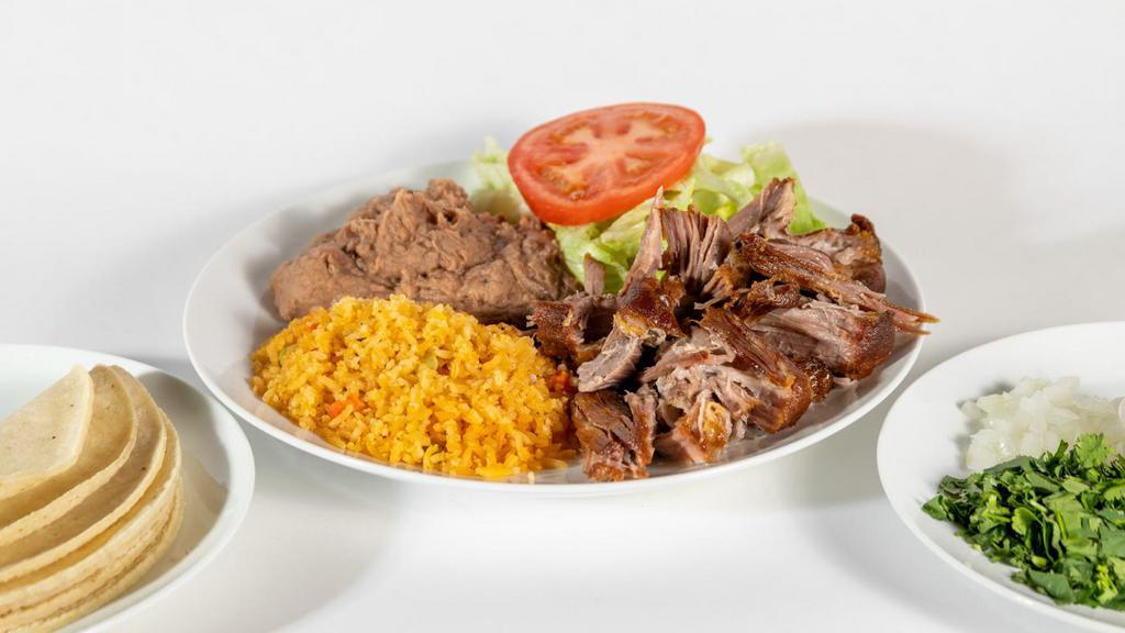 Plate With Your Choice Of Meat · A plate of your choice of meat that includes rice, beans, salsa and 4 tortillas. 460 - 780 cal.