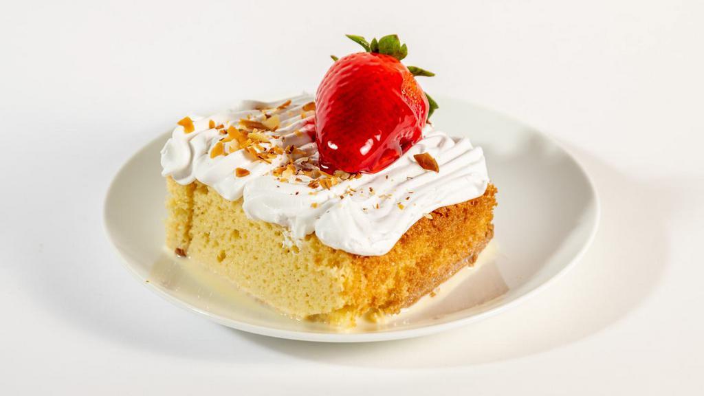 Tres Leches Cake · A 10oz slice of tres leches cake consisting of cake, filling & topping with a combination of condensed milk, evaporated milk and regular milk.