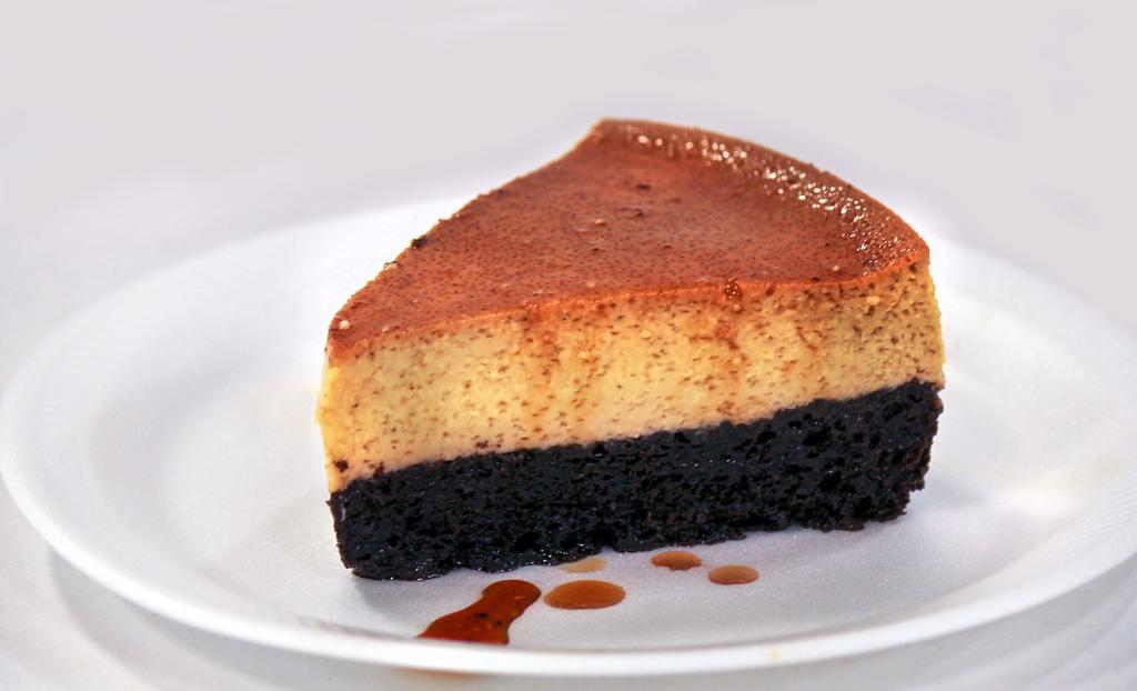 Chocoflan · A 9oz slice of chocoflan which consists of a combination of chocolate cake on the bottom with a luscious flan on top.