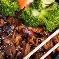 Teriyaki Chicken Don · Chicken teriyaki and steamed veggies over rice. Served with miso soup