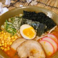 Spicy Miso Ramen · It contains pork and are served with corn, bean sprouts, fish cake, green onion, seaweed, so...