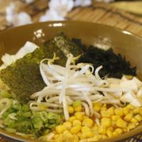 Vegetarian Shoyu Ramen · tofu, corn, napa cabbage, bean sprouts, green onion, seaweed