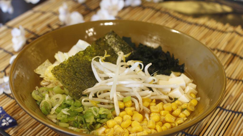 Vegetarian Shoyu Ramen · tofu, corn, napa cabbage, bean sprouts, green onion, seaweed