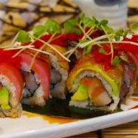 Phoenix Roll · Inside: salmon, hamachi, yamagobo and avocado. Top: unagi, tuna, tobiko and kaiware sprouts.