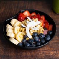 Organic Acai Bowl · Organic Acai, Banana, Honey, Almond Milk. Coconut Flakes. Topping with Strawberries, Blueber...