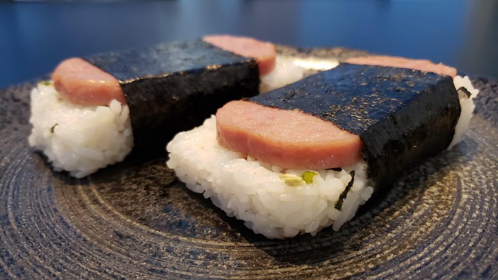 Spam Musubi · 2 pieces of Spam Musubi. Seto Fumi Furikake. Unagi Sauce.