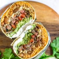 Super Burrito · Choice of meat, beans, rice, guacamole, sour cream, onion, cilantro, salsa, salad on the side.