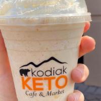 Peach Pie Frontier Freeze · A blended drink with our house keto blend of heavy cream, butter, peach passion tea, and rea...