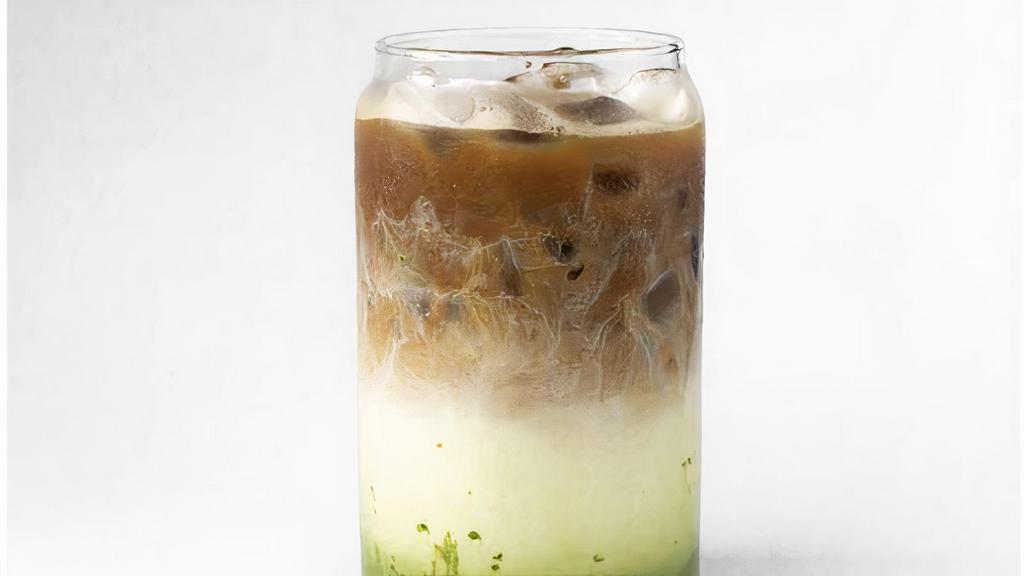 Dirty Matcha Latte · A delicious iced latte drink with Matcha green tea and a shot of espresso.