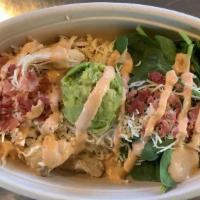Chipotle Chicken Bowl · Pulled Chicken, Bacon, Colby Cheese, Spinach & Avocado served with ribbons of Chipotle Mayo.