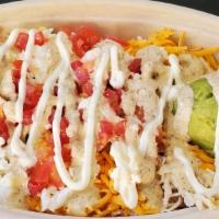 California Chicken Bowl · Pulled Chicken, Cheddar Cheese, Fresh Mozzarella Cheese, Avocado, & Tomato topped with ribbo...