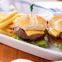 Sliders · Grilled beef patty, american cheese, tomato, onions, lettuce and thousand island dressing.