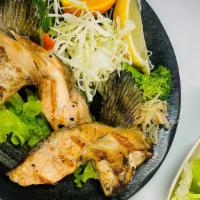 🔥2 pcs Salmon Kama · Grilled salmon kama serve with salad and rice.