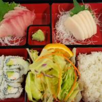 🔥5Hamachi & 5Walu Sashimi &1Roll · 10 pcs Sashimi and 1 Sushi roll with salad & sushi rice.