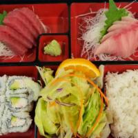 🔥5Tuna & 5Hamachi Sashimi & 1Roll · 10 pcs Sashimi and 1 Sushi roll with salad & sushi rice.