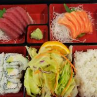 🔥5Tuna & 5Salmon Sashimi & 1Roll · 10 pcs Sashimi and 1 Sushi roll with salad & sushi rice.