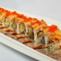 Lionking (Baked) · In: Avocado, crab meat. Top: Salmon, cheese, house mayo, eel sauce, tobiko.