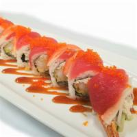 Red Dragon · In: Shrimp tempura, cucumber, crab meat. Top: Tuna, crab stick, eel sauce, tobiko.