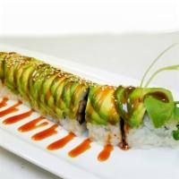Caterpillar · In: BBQ eel, cucumber. Top: Avocado, eel sauce.