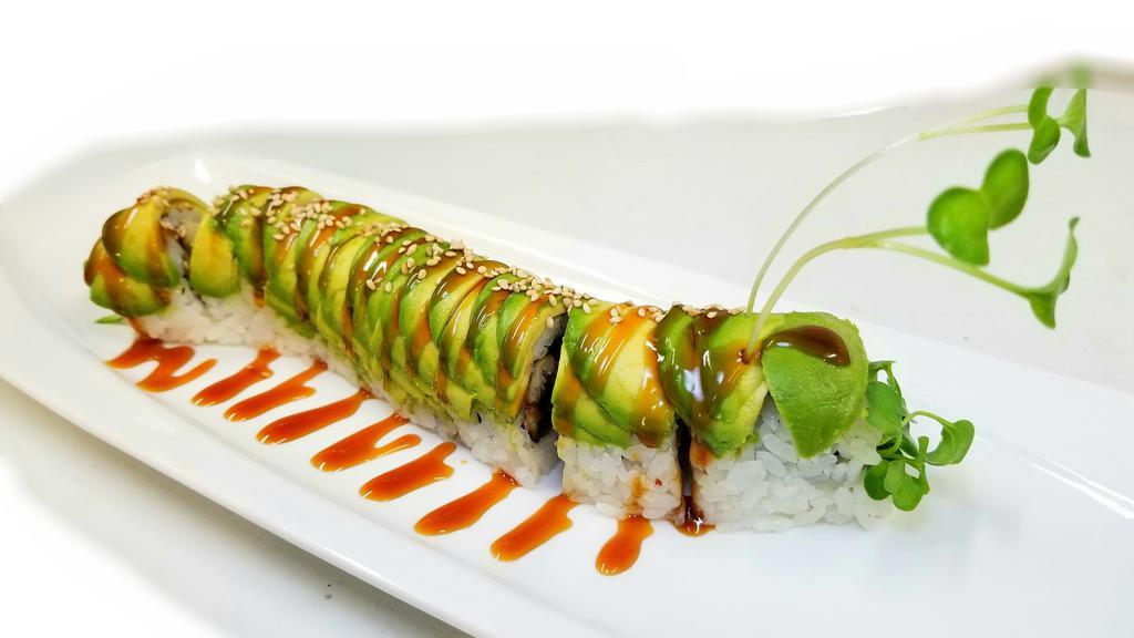 Caterpillar · In: BBQ eel, cucumber. Top: Avocado, eel sauce.