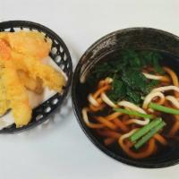 Tempura Udon · Noodle in fish broth with 2pcs shrimp and veggie tempura on the side.