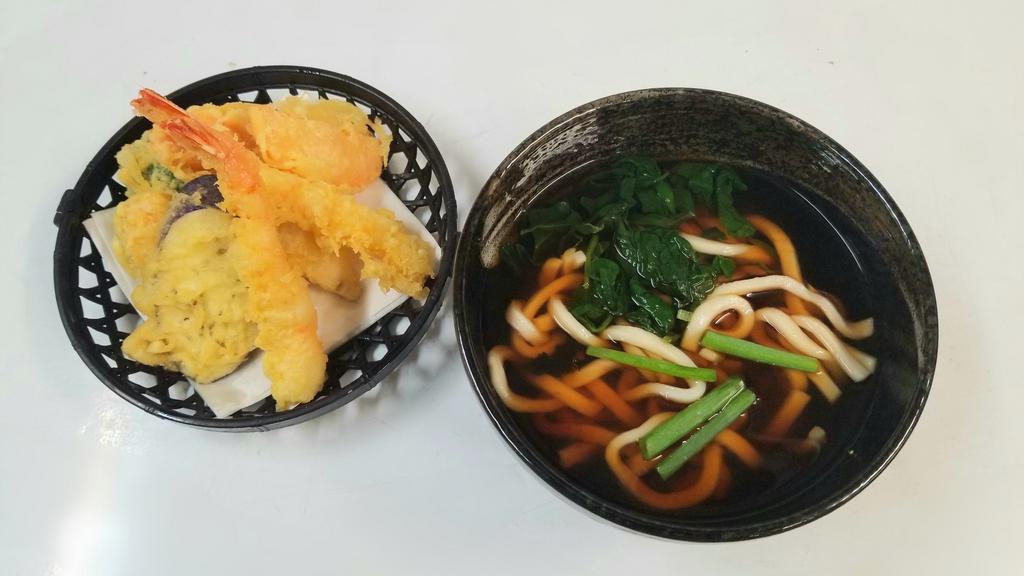 Tempura Udon · Noodle in fish broth with 2pcs shrimp and veggie tempura on the side.