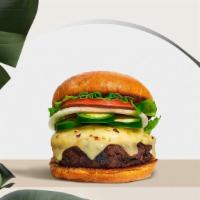 Laps for Jalapeno Burger (Vegan) · Seasoned vegan burger patty topped with melted vegan cheese, jalapenos, lettuce, tomato, oni...