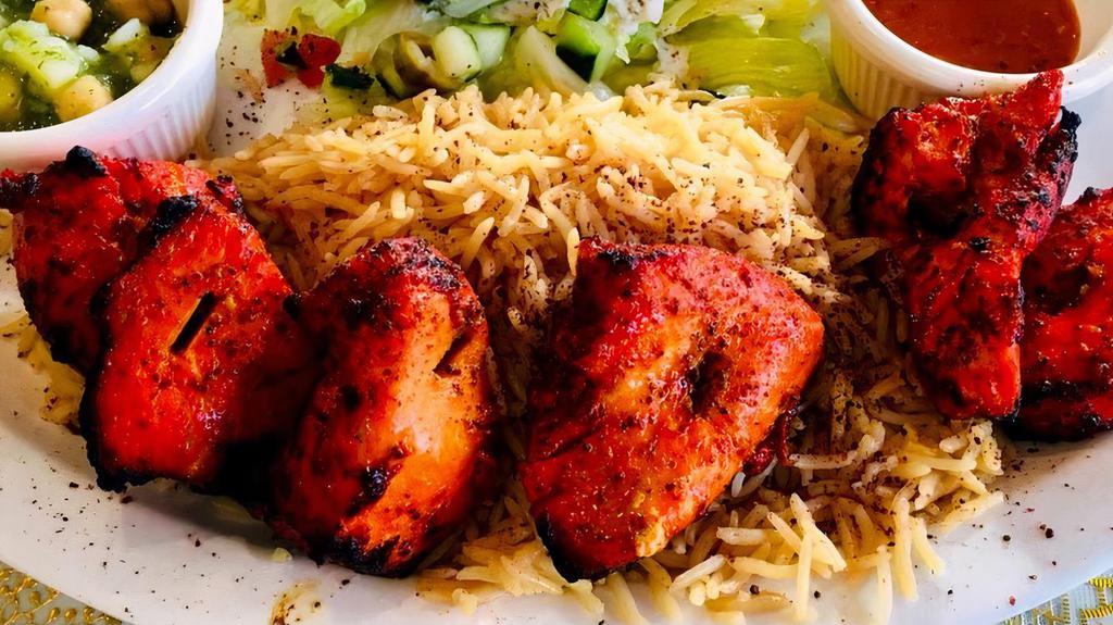 Murgh Kabob · Six tender pieces of chicken breast charbroiled to perfection.