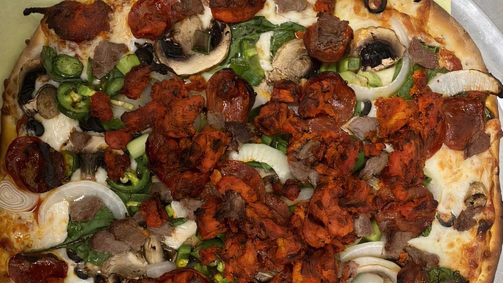 Afghani Pizza · Pizza made with choice of chicken or ground beef, mushroom, tomatoes, bell peppers, onion, fresh garlic and jalapeños.