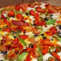 Tandoori Pizza · Red onions, fresh tomato,tandoori chicken ,green onions,fresh cilantro, creamy garlic sauce ...