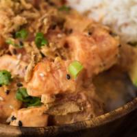 Spicy Salmon · Salmon, spicy aioli, all the toppings.  All bowls served with miso crab, cucumber and white ...