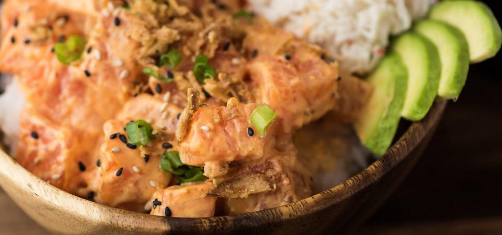 Spicy Salmon · Salmon, spicy aioli, all the toppings. All bowls served with miso crab, cucumber and white onion.