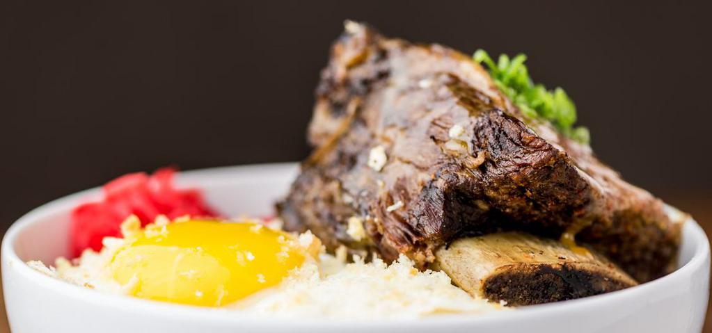 Miso Short Ribs · Miso braised short rib, panko crusted soft egg, pickled red ginger.
