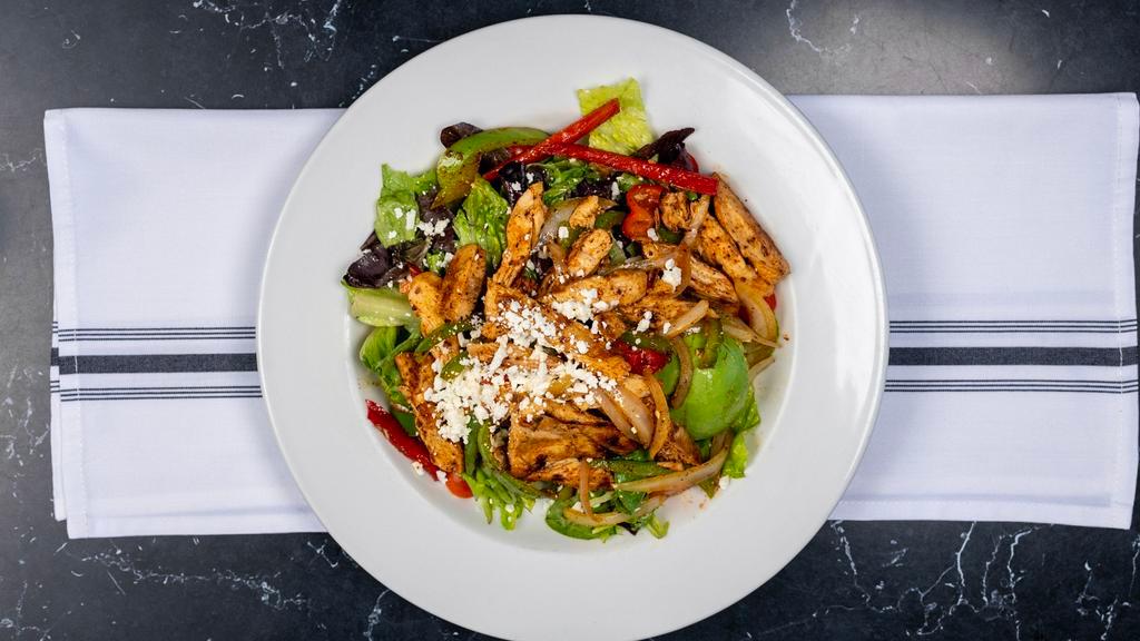 Fajita Chicken Salad · Mixed spring greens, romaine lettuce, feta cheese, avocado tossed in housemade white balsamic vinaigrette –topped with grilled chicken, onion, and bell peppers fajita.