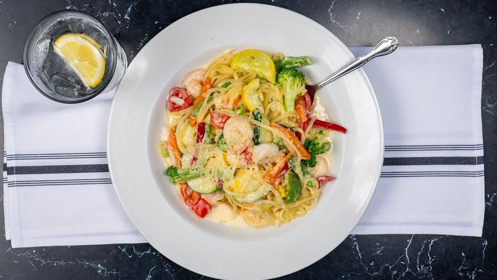 Shrimp Linguini Primavera · Rock shrimp, celery, mixed vegetables – cooked in volute sauce.