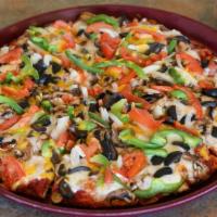 Vegetarian Pizza · Mushrooms, black olives, onions, green peppers, and tomato.