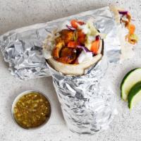 Chicken Shawarma Burrito · Delicious chicken shawarma with shredded cabbage, diced tomatoes, cilantro, and tzatziki or ...