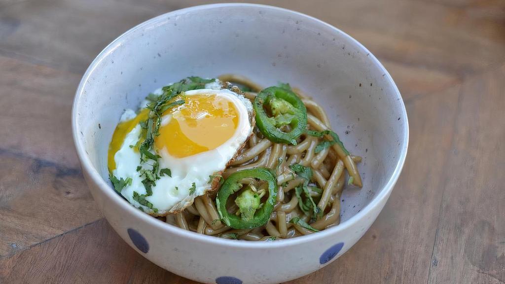 Garlic Udon Noodles · garlic xo sauce, herb panko, garlic butter, fried farm egg