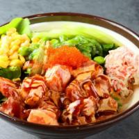 P1. Poke Salmon · White rice top with salmon, tobiko, cucumber, corn, crab meat, edamame, mix green & seaweed ...
