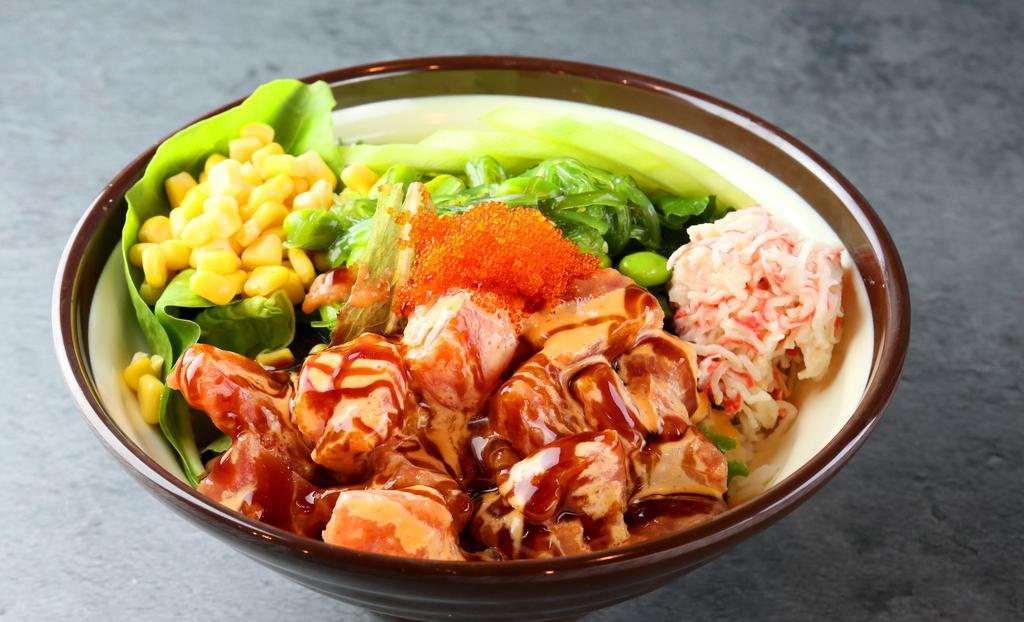 P1. Poke Salmon · White rice top with salmon, tobiko, cucumber, corn, crab meat, edamame, mix green & seaweed salad.