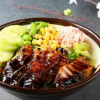 P3. Poke Unagi · White rice top with bbq eel, tobiko, cucumber, corn, crab meat, edamame, mix green & seaweed...