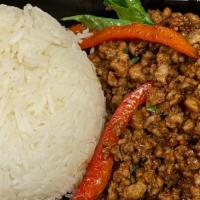 Sauteed Basil Rice Plate (Lunch) · Minced meat or tofu with chili, basil leaves and bell pepper.